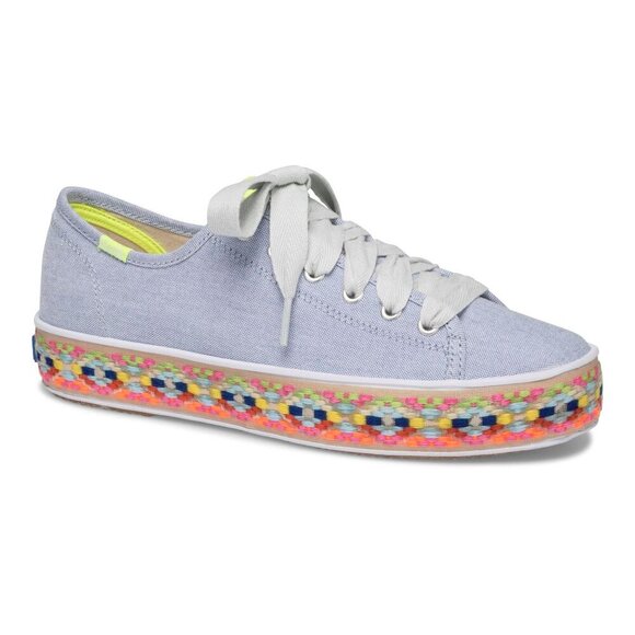 NWOT Keds Triple Kick light wash blue denim & colourful pattern mid sole sneaker - Picture 4 of 15